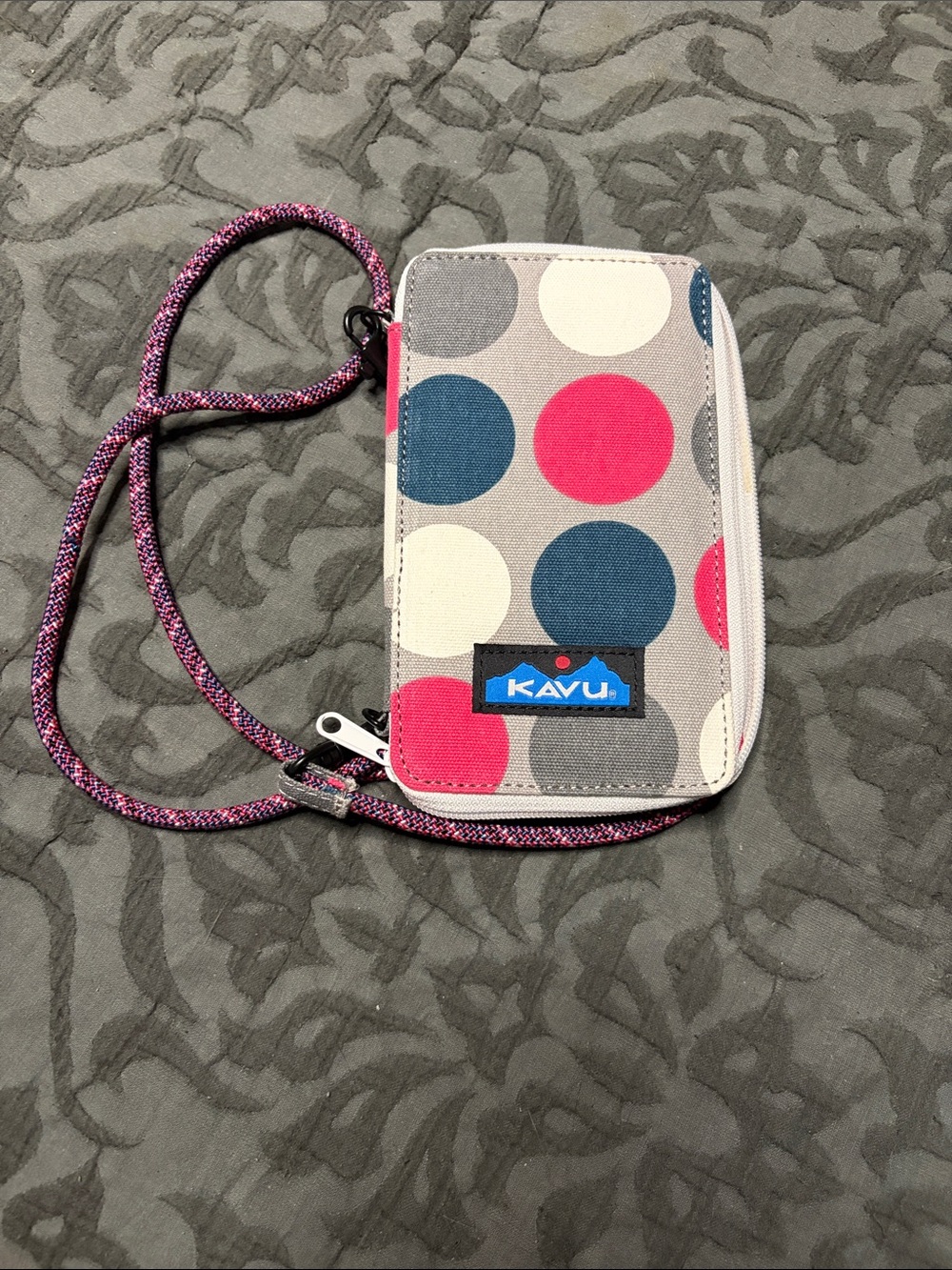 Kavu Polka Dot Neck Pouch in Pink, Blue & Gray